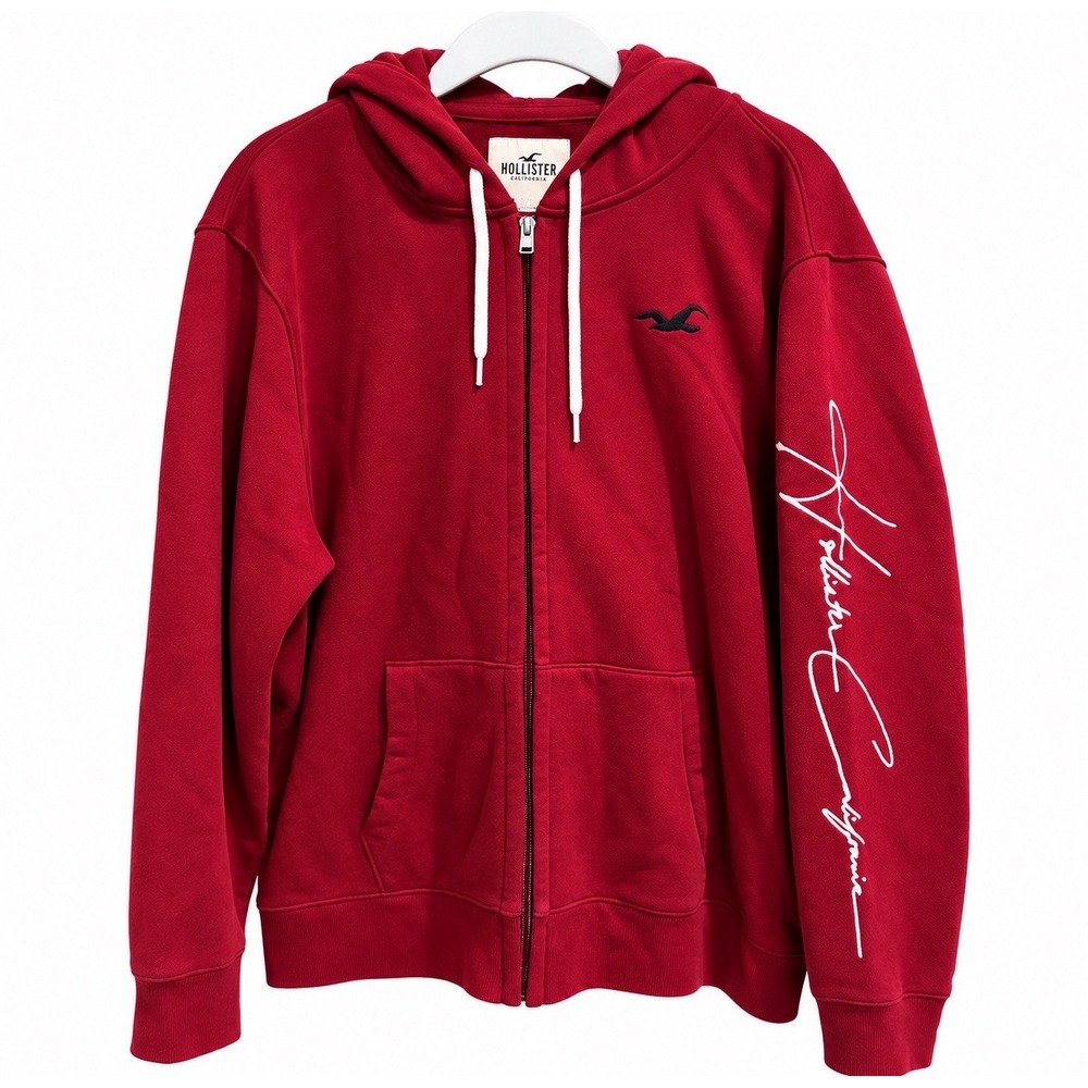 Hollister California XXL Red Full Zip Hoodie Signature Sleeve Logo Sweatshirt